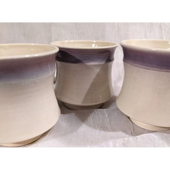 3 Art Pottery Mugs Signed Coffee Cup Handmade Studio Tea Purple White Stripe Set - Picture 7 of 16
